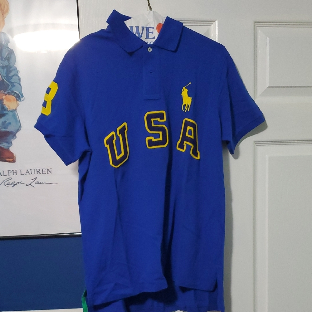 Polo by Ralph Lauren Blue and Yellow Polo Shirt USA Design Sz Medium
